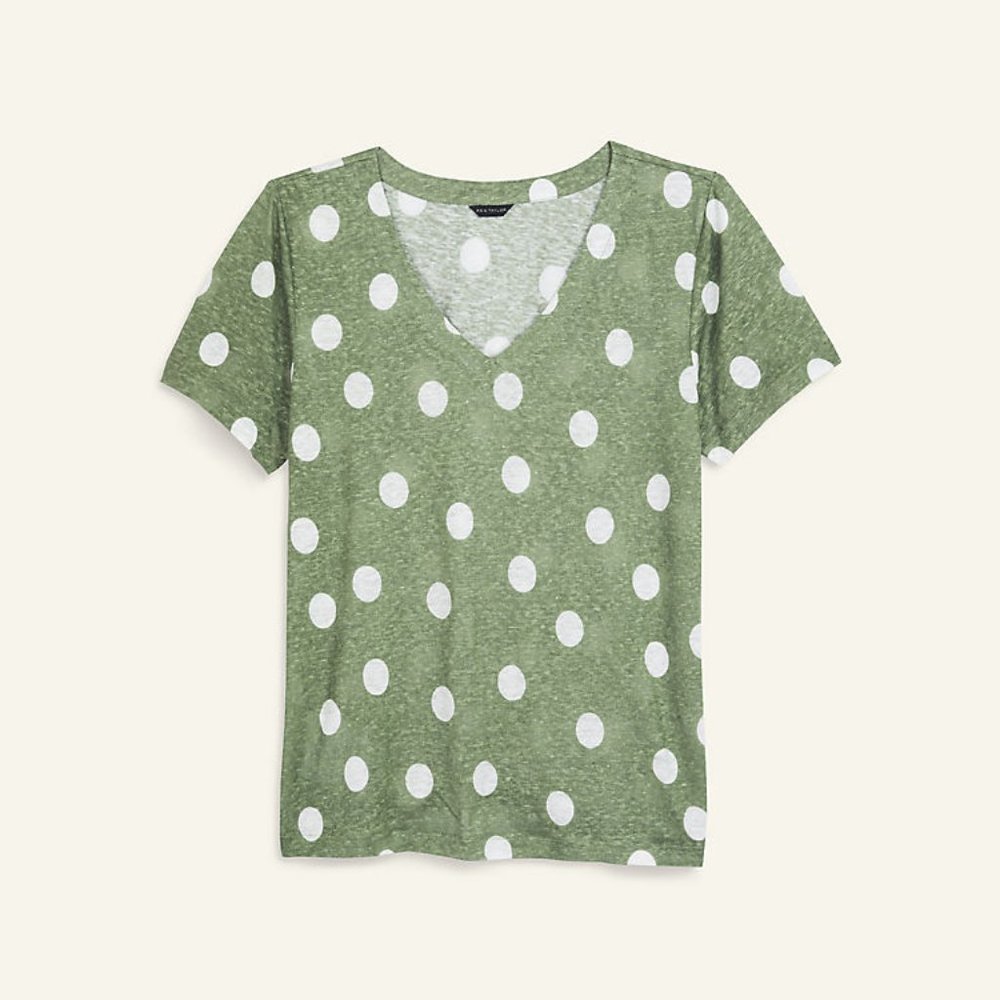 Ann Taylor Fresh Green Dot Linen V-Neck Tee
